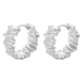 Detailed view of silver hoop earrings featuring unique irregular wavy pleated texture - VE1044 Wavy Pleated / White Gold