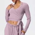 Detailed wrap design of mauve long-sleeve yoga top with waist tie and inner tank top - S / Tops / Lavender