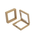 Square beige PE film floating jewelry display box in closed and open vertical positions - Brown; 7*7*2cm