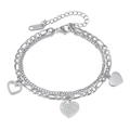 Double-layered silver stainless steel bracelet with hollow and crystal heart charms - Silver