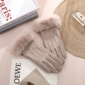 Winter thermal touch screen gloves for women in oatmeal beige with faux fur trim - Woolen Triple Line Fur Cuff / Khaki
