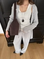 Detail of grey polo collar knit cardigan and wide-leg pants with soft texture - S / Light Gray