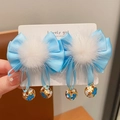 Pair of cute blue ribbon bow hair clips with white plush balls and golden bells - Star Dream Blue Bell (Hair Clip 024-Braid)