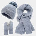 Three-piece light blue marl knit winter set with pom-pom beanie, scarf, and touch gloves - Blue