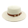 Minimalist wide brim beige straw sun hat with brown leather band and gold buckle - M (56-58cm) / Cream