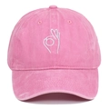 Pink washed cotton baseball cap with white OK hand gesture embroidery in front view - Adjustable / Pink