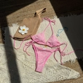 Two-piece pink daisy floral bikini set with halter top and side-tie bottoms for women - S / Pink Daisy Embroidery