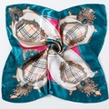 Silk satin square scarf 50x50cm with peacock blue baroque and red plaid pattern - Lake Blue Crown