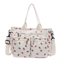 White corduroy tote bag with red strawberry print and multi-zippered pockets - Strawberry White