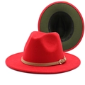 Zweifarbiger Wollfilzhut in Rot und Dunkelgrün mit elegantem Lederband und Metallschnalle - M (56-58cm) / Rot und Armeegrün