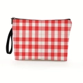 Borsa da trucco portatile a quadretti rossi con cerniera e maniglia laterale - 17*25cm (Lino) con Cinturino / Stile Gingham Rosso e Bianco (Stile 3)