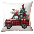 Housse de coussin blanche avec camion à carreaux rouges et sapin de Noël décoré - 45*45cm Peluche Courte Simple Face Sans Coeur / CRD16-4 (Camion Vintage à Carreaux)