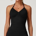 Seamless black halter neck yoga vest with ruched front and breathable athletic fabric - Premium Black (EBX5065)