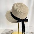 Beige straw sun hat featuring a wide black grosgrain ribbon and bow detail - Beige Black Band Boater