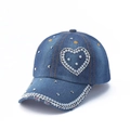 Blue denim baseball cap featuring pearl rhinestone heart and beaded brim details - M (56-58cm) / Blue Pearl Heart
