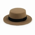 Retro brown wool boater hat with black ribbon band for autumn and winter style - Dark Camel With Ribbon