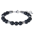 Matte black agate beaded bracelet with silver tri-ring spacers and lobster clasp - Matte Stone Bracelet