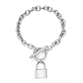 Detail view of silver stainless steel thick chain bracelet with OT toggle clasp and lock charm - Female Style / 16.5cm / Gold