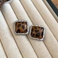 Macro shot of square leopard print earrings with matte silver frames in a jewelry box - Silver Brown Square Style (12#)