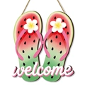 Willkommensschild aus Holz im Melonen-Design mit Flip-Flops und Juteseil-Aufhängung - Welcome Wassermelone Flip Flops Stil (Y24Y50938_Q)
