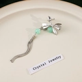 Silver bow ear cuff with green beads and long tassel in elegant oriental style - Silver Bowknot Green Bead Tassel Ear Bone Clip(E5973)