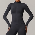 Slim fit long sleeve yoga jacket in charcoal grey with thumbholes and high collar - Dark Gray