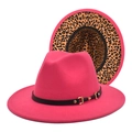 Hot pink fedora hat with leopard print brim lining and black leather band with gold buckle - M (56-58cm) / Rose Red