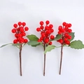 Artificial red berry stems with green leaves and brown branches for Christmas decoration - 14-Heads Red Berry Green Leaf Pine Branch