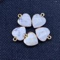 Five heart-shaped milky white natural stone pendants with gold metal edges - 15x18mm / Howlite