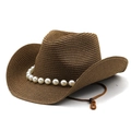 Dettaglio cappello cowboy in paglia marrone con catena di perle e cinturino regolabile - M (56-58cm) / caffè