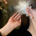 Elegant silver butterfly ear cuff with shimmering crystals and white feathers - Butterfly Feather Ear Hook Right (HE16172)