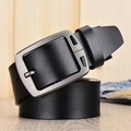 Classic men's black leather belt with rectangular metal buckle on a rustic wooden surface - Extended Size / Black