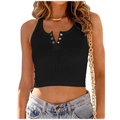 Detailed front view of black ribbed knit crop top with button front and racerback design - XS / Tops / Black