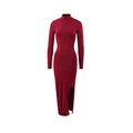 Detail of dark red bodycon dress featuring elegant high neck and side slit hem - S / Burgundy