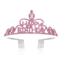 Detailed view of pink rhinestone Happy Birthday tiara with side hair combs - Set / Silver Pink Rhinestone Tiara
