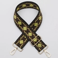 Ethnic style crossbody bag strap with yellow diamond pattern on brown webbing and gold clips - No. 464 / Silver Hook