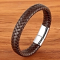 Braided dark brown leather bracelet with a polished silver magnetic metal clasp - 19cm / Steel Clasp Brown Leather