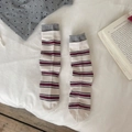 Off-white cotton crew socks with dark red and grey horizontal stripes and ribbed cuffs - Oatmeal