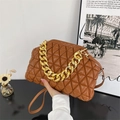 Brown quilted crossbody bag with gold chain handle and faux leather strap for women - Brown