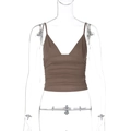 Detail of a brown ribbed crop camisole with sexy V-neck and ruched texture on mannequin - XS / Coffee