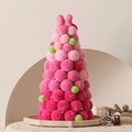 Árbol de Navidad de pompones rosas con cuentas doradas y lazo para decoración de escritorio - 45cm / Rosa Degradado - Grande (Con Luces)