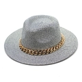 Cappello Panama intrecciato bianco e blu con catena dorata per protezione solare trendy - M (56-58cm) / Blu navy