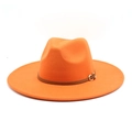 Close-up of orange wool fedora featuring a brown leather band and gold buckle detail - M (56-58cm) / Orange