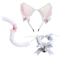 Detail view of pink and white plush cat ears headband with lace collar and fluffy faux fur tail - White Pink Cat Ears + Lace Choker with Bell + Tail