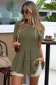 Détail du haut en maille gaufrée vert olive avec ourlet à volants étagés pour femmes - S / Vert Militaire