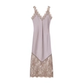 Dusty pink satin slip dress with deep V-neck lace trim and hemline in a vertical flat lay - XS / Dark Pink