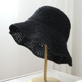 Women's minimalist black woven straw bucket hat with breathable crochet pattern - 8cm Brim (Shaping Wire) / Black