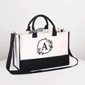 White and black canvas tote bag with letter A floral print and striped ribbon detail - Zipper Crossbody Style-With Shoulder Strap / Beige Black-Letter A