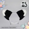 Handmade black and white plush cat ear headband set with tail and choker accessory - One Size / Folded Ear Style - Black White