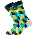 Mid-calf socks featuring 3D geometric cube patterns in yellow and blue on white background - Green Yellow Trapezoids